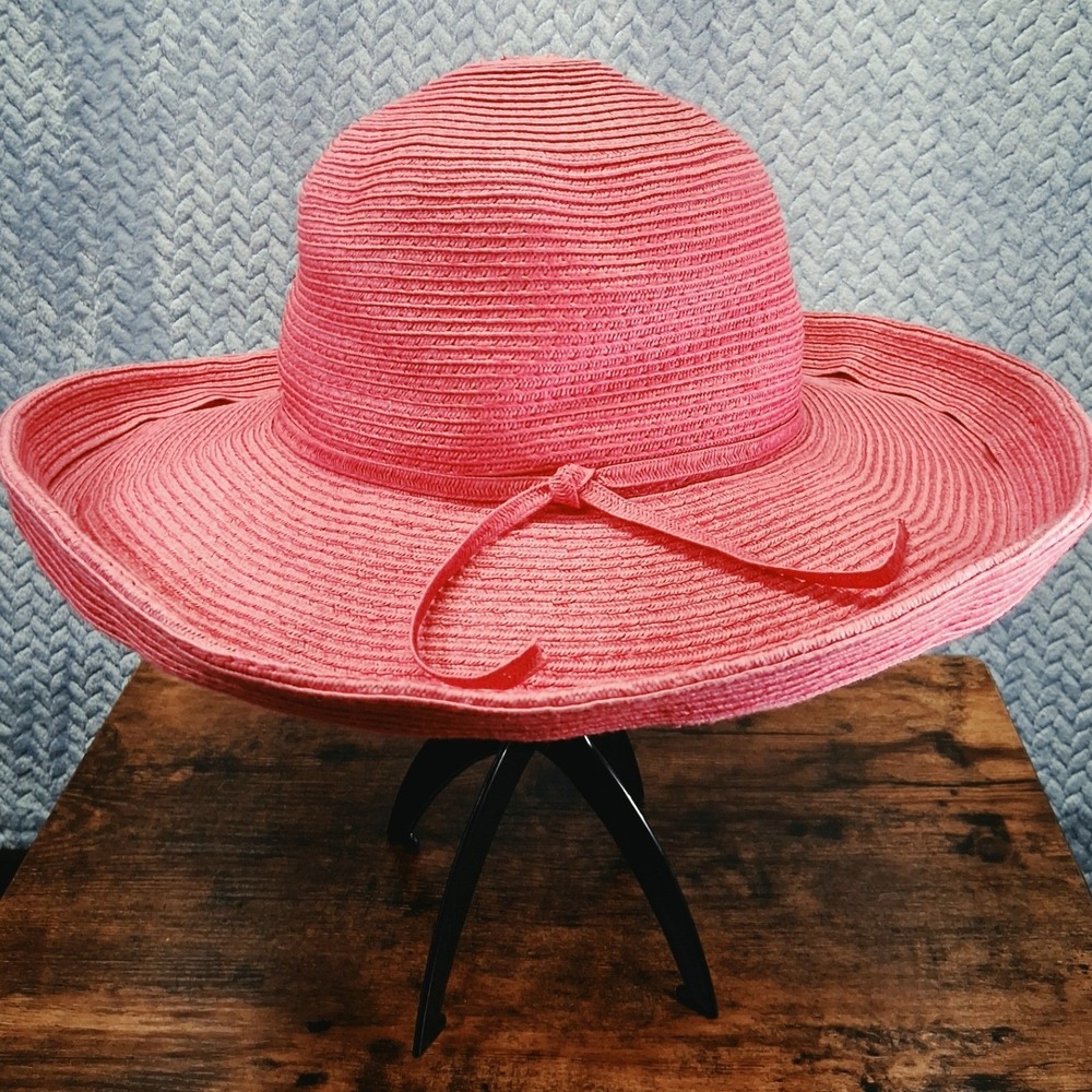 Womens Coral Pink Wide Brim Sun Hat Woven Straw Beach Summer Floppy Hat